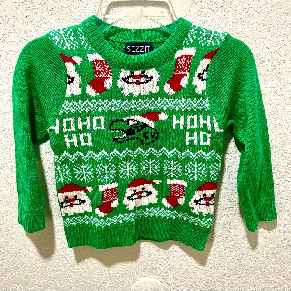 Sezzit Green Santa Stocking Dinosaur Graphic Print Christmas Holiday Sweater